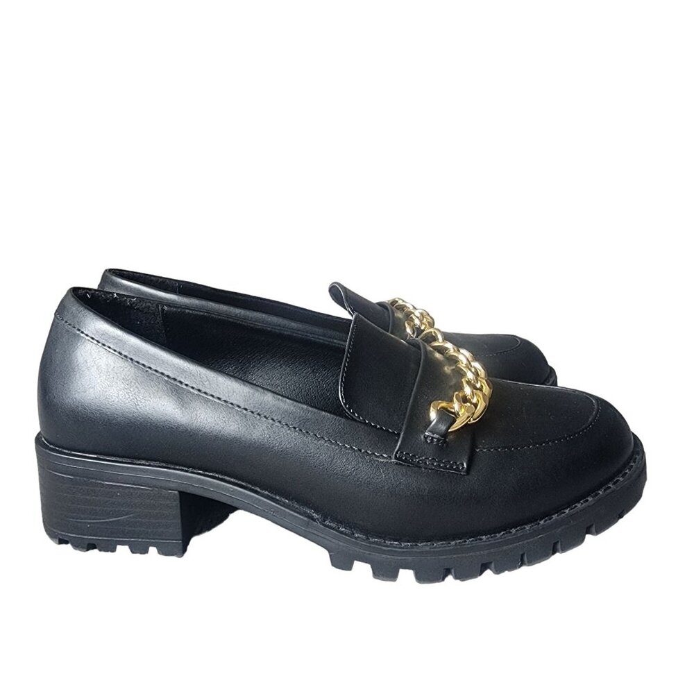 Penningtons Platform Lug Sole Chunky Loafer Gold Chain Detail Black 8 WW